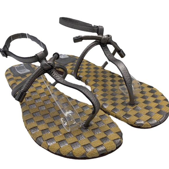 Tory Burch Leather Metallic Thong And Ankle Strap Sandals Sz 10.5M Brazil - Picture 1 of 12